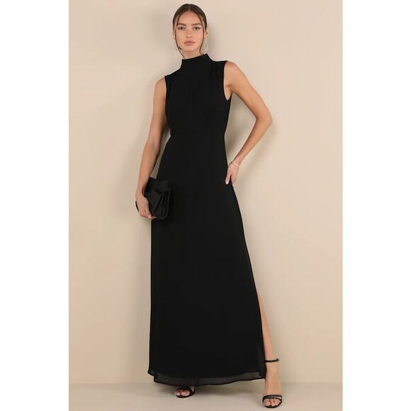 Lulus Classic Elegance Black Chiffon Sleeveless Mock Neck Maxi Dress Size XL - Picture 1 of 6